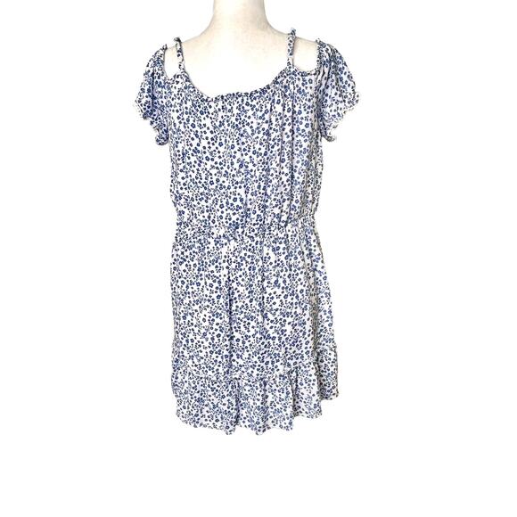 BCX Juniors Blue White Floral Adjustable Straps Lined Crochet Trim Dress - Picture 4 of 9